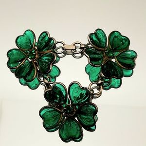 Gripoix Vintage Sterling Silver Chain Link Bracelet Handmade Green Glass Flowers